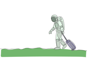 Single continuous line drawing young astronaut pulling suitcase while walking out from airport in moon surface. Space man cosmic galaxy concept. Trendy one line draw design graphic vector illustration