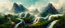 Land Scape Image Of Mountains With Waterfalls Fantasy Digital Art Illustration Painting Hyper Realistic