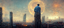 Man In The Dystopian City Standing On Building Looking Digital Art Illustration Painting Hyper Realistic