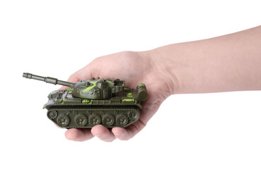 Wall Mural - Man with toy tank on white background, closeup