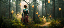 Woman Standing And Looking At The Dreamcatcher Hanging Digital Art Illustration Painting Hyper Realistic