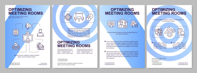 Improving meeting rooms blue brochure template. Business. Leaflet design with linear icons. Editable 4 vector layouts for presentation, annual reports. Arial, Myriad Pro-Regular fonts used