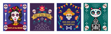 Mexican Dead Day Posters. Catrina Calavera, Cat And People Skull, Mexico Flower Invitation, Death Woman Skeleton, Man In Sombrero, Traditional Decor. Latin Dia Muertos Card Vector Illustration