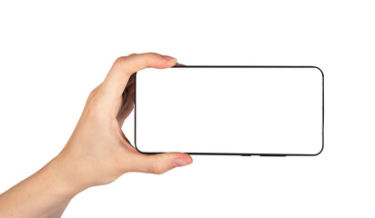 Hand holding phone mockup in horizontal position isolated on white background. Woman using smartphone for watching video. High quality photo