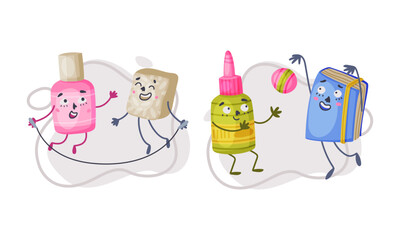 Sticker - Set of funny school supplies characters. Eraser and correction fluid, glue bottle and book are best friends cartoon vector illustration