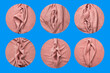 Pink soft fabric shaped as female genital organs, collection of different vulva shapes