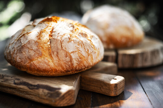Traditional leavened sourdough bread with rought skin on a rustic wooden table. Healthy food photography