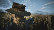 Scary Scarecrow In A Hat And Coat On A Evening Autumn Cornfield. Spooky Halloween Holiday Concept. Halloweens Background