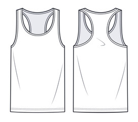 Unisex Tank Top technical fashion illustration. Jersey Tank Top technical drawing template, crew neckline, front, back view, white colour, women, men, unisex CAD mockup.
