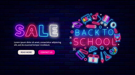 Wall Mural - Back to school sale neon flyer promotion. Circle layout with icons and headline text. Vector stock illustration