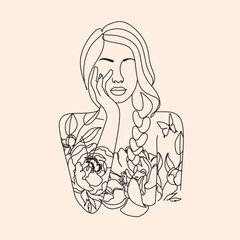 Sticker - Peony woman line art portrait. Flower Head Woman Line Drawing. Surreal Minimalist Art. Beauty Salon logotype. Long Lash tattoed girl
