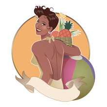 Retro Cartoon Style PinUp Girl Carrying Fruit Basket And Beach Ball. August And September. French Republican Calendar. Isolated O White Background