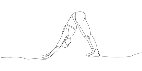 Wall Mural - Girl doing yoga, downward facing dog pose one line art. Continuous line drawing sports, fitness, pilates, athletics, strength, athletic, asana, athlete, woman, gym, stretching, sexy body workout.
