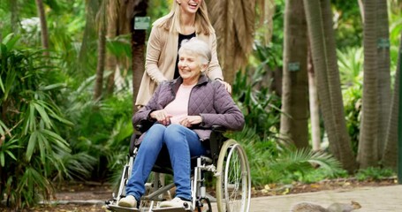 Poster - Senior mother in wheelchair bonding with daughter, enjoying family time and having fun in nature park or public garden. Smiling, happy or caring woman talking and pushing elderly lady in mobility aid