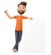 Cartoon character guy in an orange t-shirt leaned against an empty board and shows a thumbs up on a white background. 3d rendering illustration.