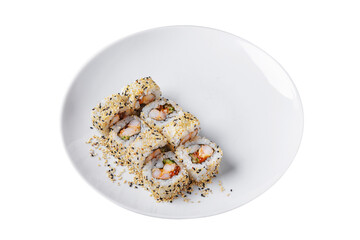 Canvas Print - Roll with shrimps, nori, sesame seeds, rice, salmon caviar and sauce