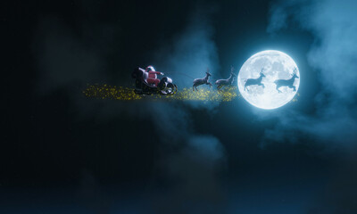 Wall Mural - Silhouette Santa and Reindeer with golden magic sparkle flying in the dark sky with full moon and many stars. Concept for christmas eve. 3D rendering .