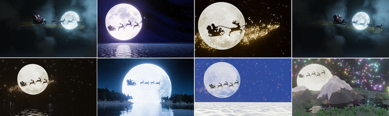 Wall Mural - set of silhouette santa and reindeer with flying in the dark sky with full moon and many stars. the 