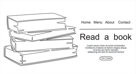 Wall Mural - book with continuous one line drawing. Illustration of educational supplies back to school theme for website landing page. Order a banner for one line drawing.