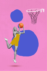Wall Mural - Vertical collage picture of excited girl black white colors hands throw basketball isolated on pink drawing background