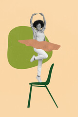 Poster - Vertical collage portrait of positive cheerful girl black white colors stand chair dance isolated on drawing background