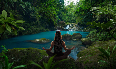 Wall Mural - woman doing yoga in front of a waterfall