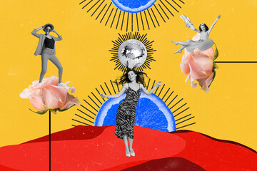 Poster - Collage 3d image of pinup pop retro sketch of funny funky ladies having fun together isolated painting background