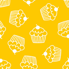 Wall Mural - Yellow seamless pattern with white hand drawn cupcakes.