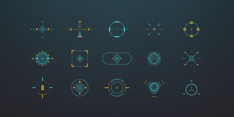 HUD aim control frames. Sniper round square targets UI, futuristic focus point sight, game technology design. Vector set