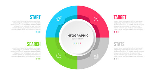 Poster - Timeline circle infographic design with 4 options or steps. Infographics for business concept. Used for presentations workflow layout, banner, process, diagram, flow chart, info graph, annual report.