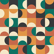 Mid century modern optical half circles seamless pattern in brunt orange, teal , red, black and white. For home décor, modern art poster and textile  