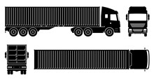 Container Truck Silhouette On White Background. Vehicle Monochrome Icons Set View From Side, Front, Back, And Top
