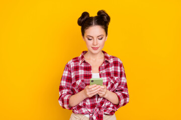 Sticker - Photo of millennial lady use gadget read network influencer post wear plaid outfit isolated bright color background