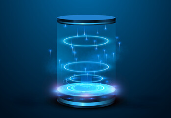 Poster - Portal and hologram futuristic Neon color circle elements. Standard podium or studio futuristic pedestal round platform showroom. Magic circle teleport stand. Cyberpunk blue style.