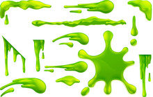 Set Of Slime Or Mucus Liquid Green Goo Blobs, Splats, Drips And Drops Design Elements