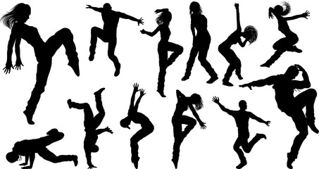 Wall Mural - A set of men and women street dance hip hop dancers in silhouette