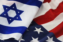 USA Israel. Photo American Flag And Flag Of Israel Conveys The Partnership Between The Two States Through The Main Symbols Of These Countries
