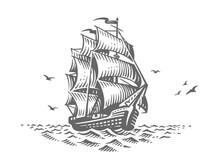 Sailing Ship Sketch. Old Fashioned Vintage
