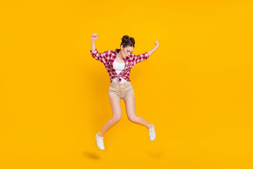 Sticker - Full length photo of excited cheerful lady jump dance discotheque hip hop freestyle isolated shine color background