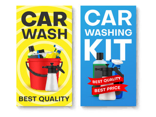 Wall Mural - Car wash kit best quality and price promo poster set vector illustration. Automobile wash service