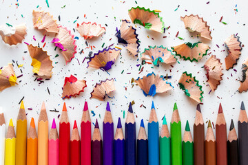 Crayons -  Color pencils isolated with pencil shavings on white background.