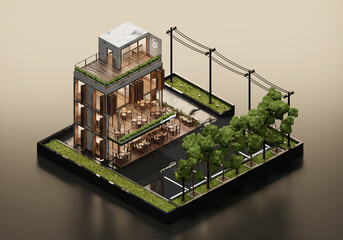 3D Rendering Cafe and Co Working Space In Isometric View Exterior Background