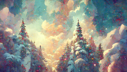 fairy forest, christmas big snowy fir trees against background. natural scenery realistic illustrati