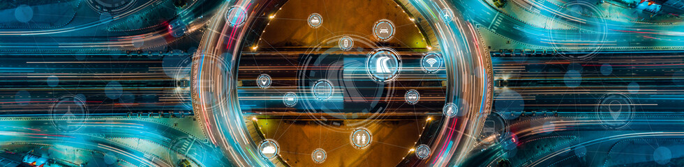 Wall Mural - Expressway road top view,  Social traffic an important infrastructure and intelligent communication network of things, wireless connection technologies for business technology concept