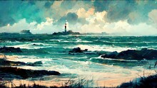 Ocean Landscape With Open Sky Lighthouse And Clouds