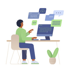 The programmer works in the office. A developer writes code at a computer with user interface windows. IT professional workflow concept. Vector illustration in flat design isolated on white.