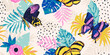 Seamless pattern with watercolor tropical leaves,flowers and hand drawn butterflies. Floral background for the design of textiles, covers, wallpapers, fabric, promotional material and more. Vector