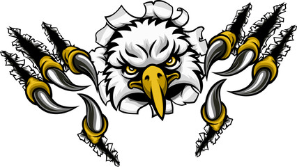 Poster - An eagle bird sports mascot cartoon character ripping through the background with its claws or talons