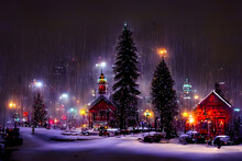 Snowy Christmas Night In Abstract Small American Town Or Village, Neural Network Generated Art Picture Produced With Ai In 2022