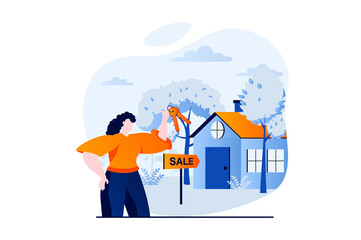 Real estate concept with people scene in flat cartoon design. Woman receives keys to new house. Realtor sells real estate and advertises agency services. Illustration visual story for web